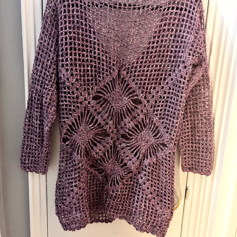 Handmade tunic length crochet knit long sleeve sweater.